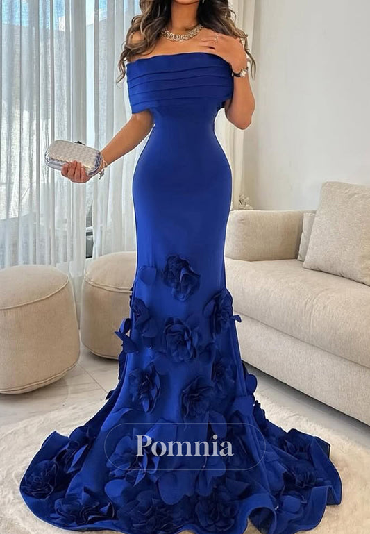 Royal Blue Strapless Sleeveless Floral Appliques Mermaid Evening Dress
