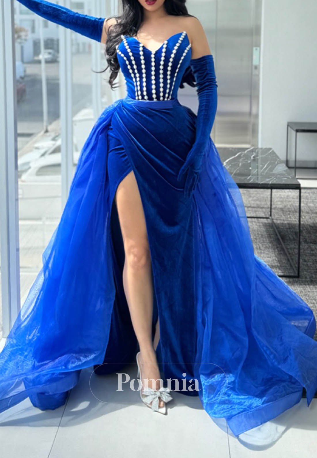 Royal Blue Sweetheart Sleeveless Slit Sequins Prom Dress