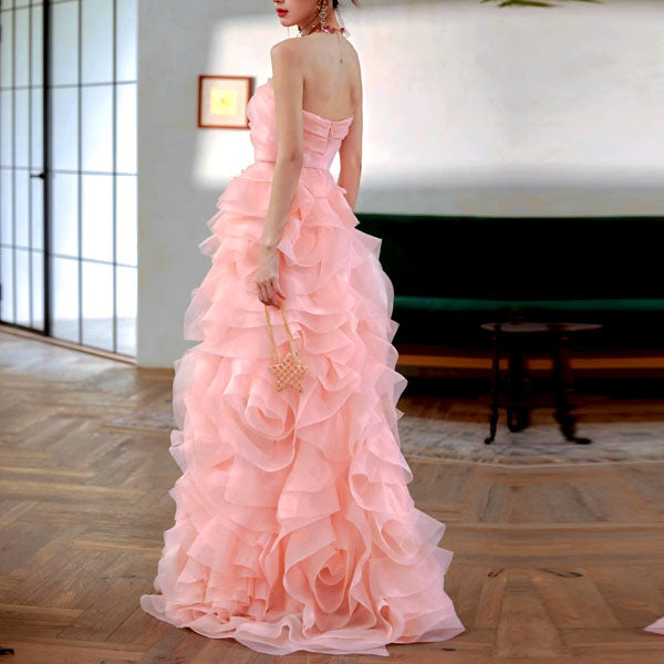 Off-Shoulder Tube Top Floor-Length Ruffled Chiffon Prom Dress