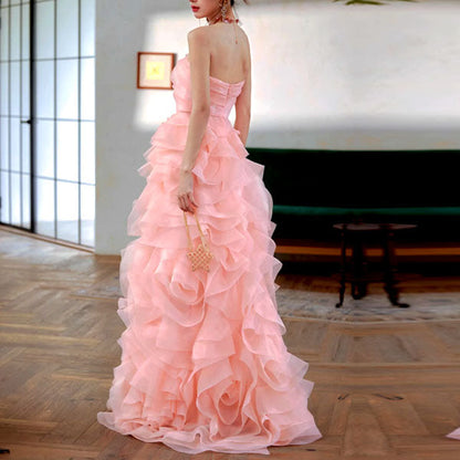 Off-Shoulder Tube Top Floor-Length Ruffled Chiffon Prom Dress