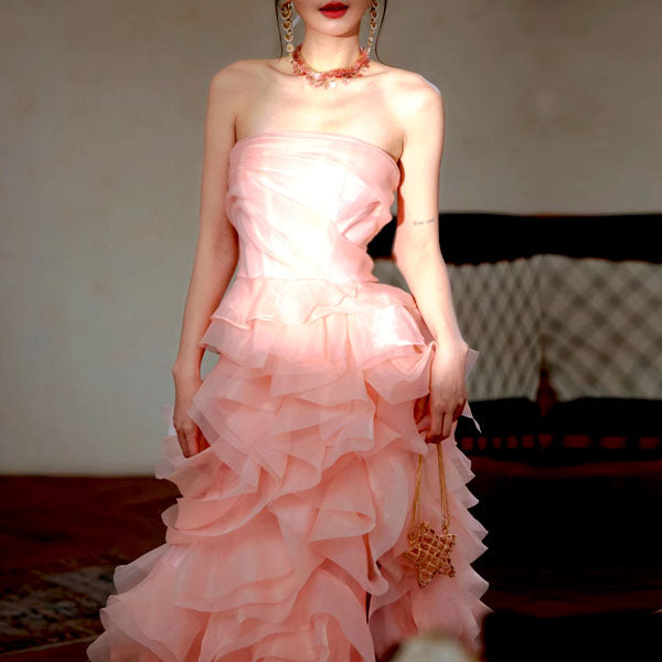 Off-Shoulder Tube Top Floor-Length Ruffled Chiffon Prom Dress
