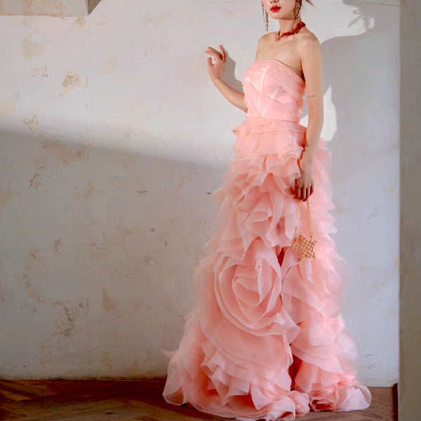 Off-Shoulder Tube Top Floor-Length Ruffled Chiffon Prom Dress