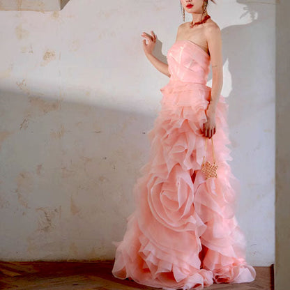 Off-Shoulder Tube Top Floor-Length Ruffled Chiffon Prom Dress