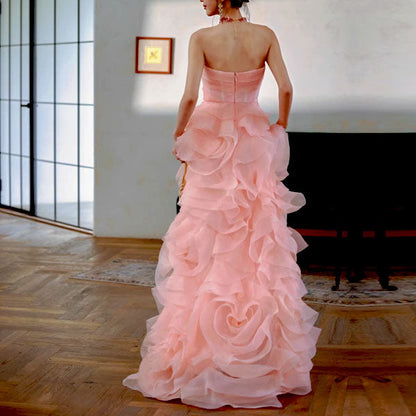 Off-Shoulder Tube Top Floor-Length Ruffled Chiffon Prom Dress