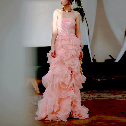 Off-Shoulder Tube Top Floor-Length Ruffled Chiffon Prom Dress