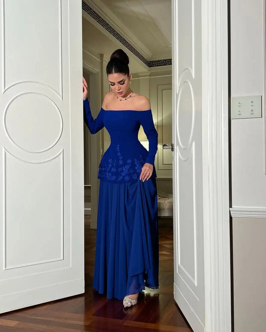 Customized Off The Shoulder Long Sleeves Prom Dresses Pleated Lace Floor Length Temperament Evening Dresses