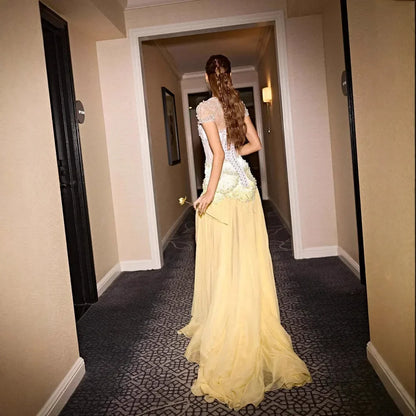 Luxury Yellow Pearls A-Line Evening Dress with Flowing Coat