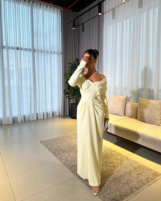 Off Shoulder Sheath Pletas Long Sleeves Formal Evening Dress