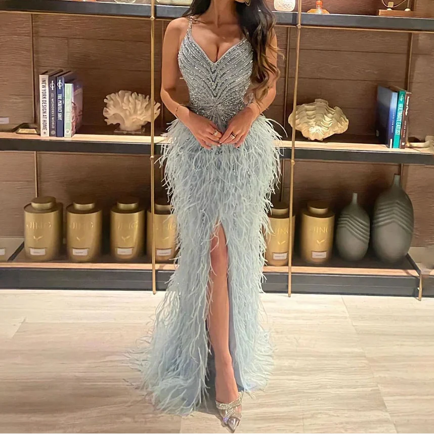Luxury Classy blue Feathers Beaded Mermaid Prom Dress with Split