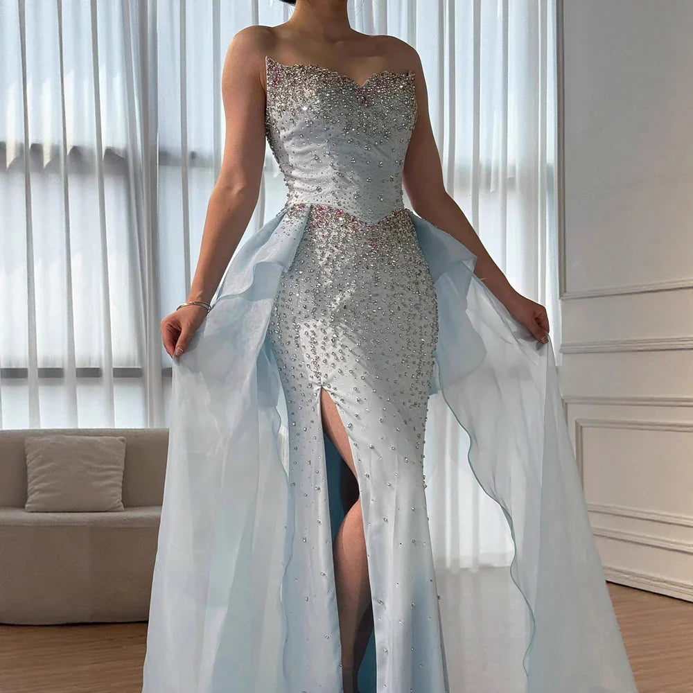 Luxury Blue Crystal Beaded Mermaid Evening Dress with Overskirt