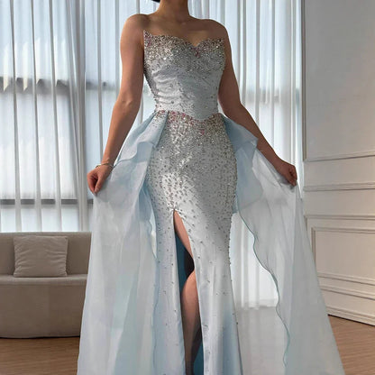 Luxury Blue Crystal Beaded Mermaid Evening Dress with Overskirt