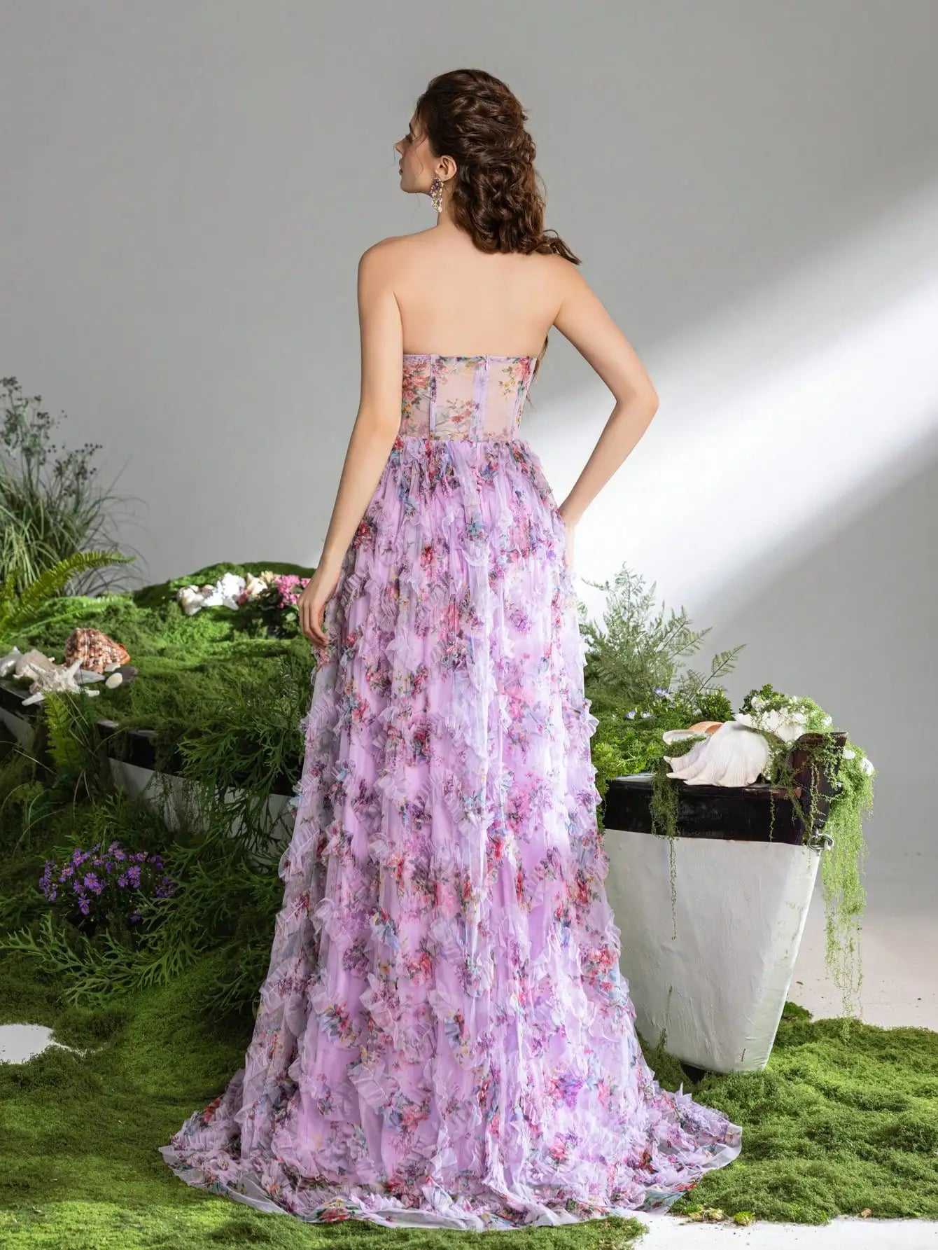 Pink A-Line Tulle Printed Ruffle Tiered Prom Dress