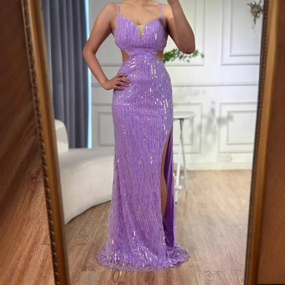 Luxury Purple Sequin Prom Dress with Slit and Cutout Waist