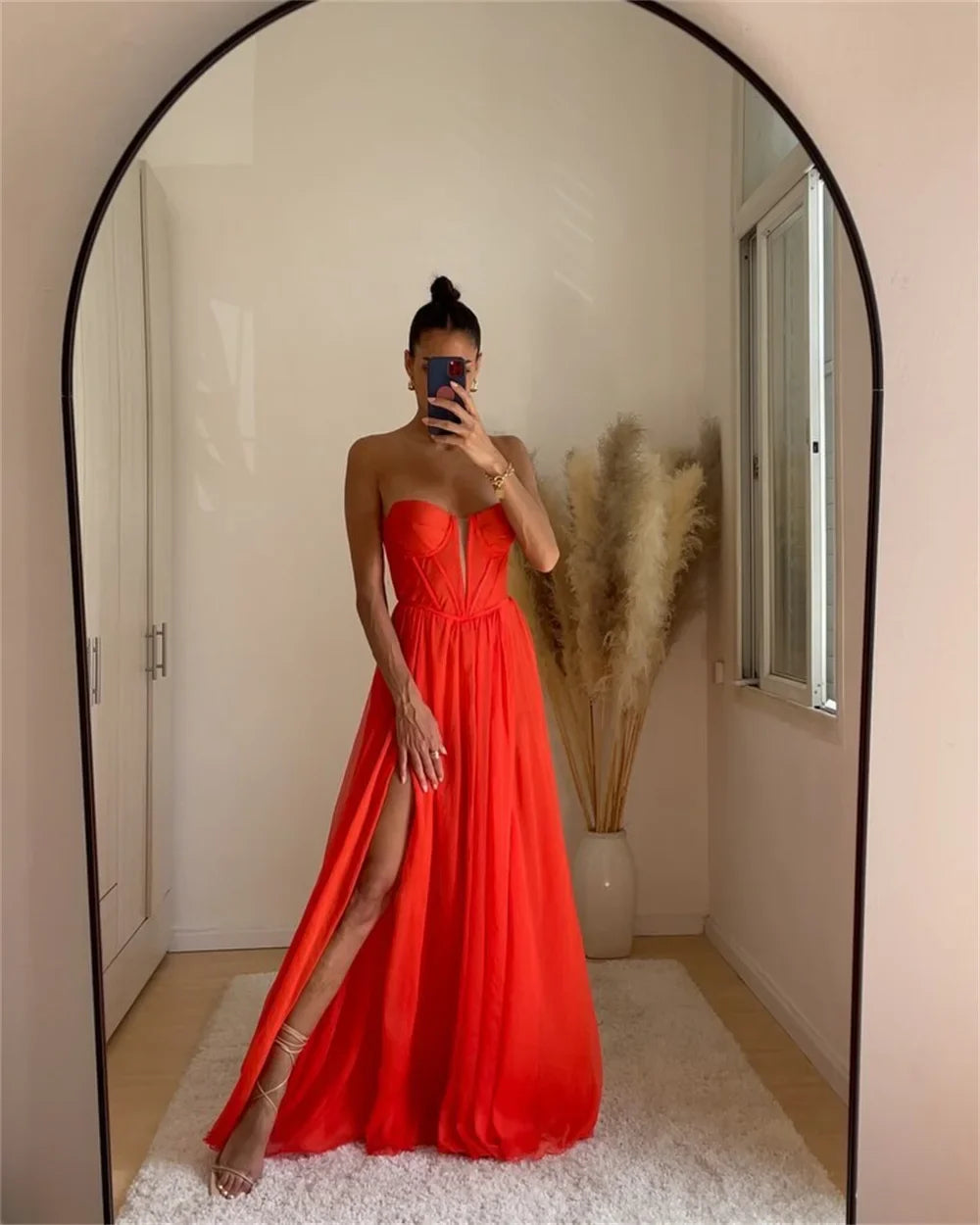 Yellow Chiffon Prom Dresses Strapless Aline Side Split Wedding Dress