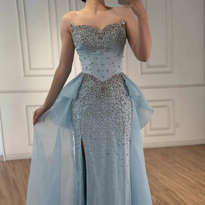 Luxury Blue Crystal Beaded Mermaid Evening Dress with Overskirt