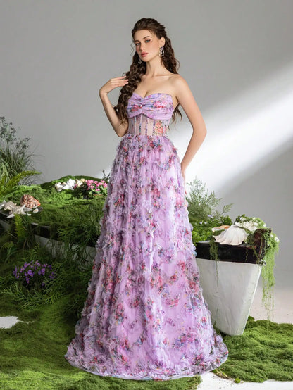 Pink A-Line Tulle Printed Ruffle Tiered Prom Dress