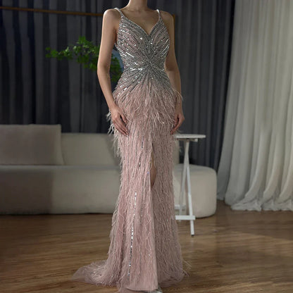 Luxury Classy blue Feathers Beaded Mermaid Prom Dress with Split