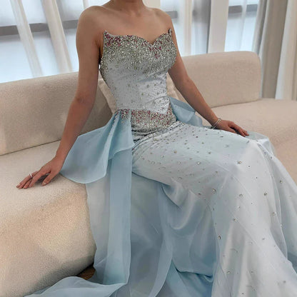 Luxury Blue Crystal Beaded Mermaid Evening Dress with Overskirt