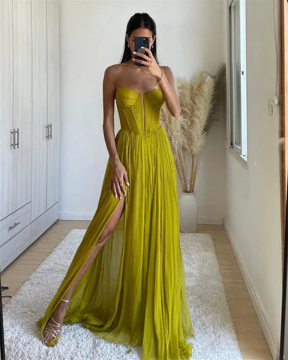 Yellow Chiffon Prom Dresses Strapless Aline Side Split Wedding Dress