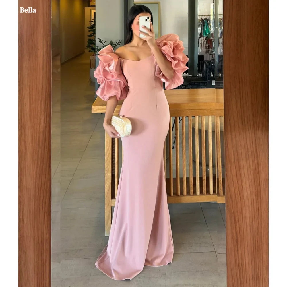 Bella Customized Pink Puff Sleeve Strapless Mermaid robes de soirée Chiffon Side Slit Party Dress