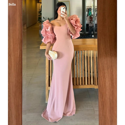 Bella Customized Pink Puff Sleeve Strapless Mermaid robes de soirée Chiffon Side Slit Party Dress