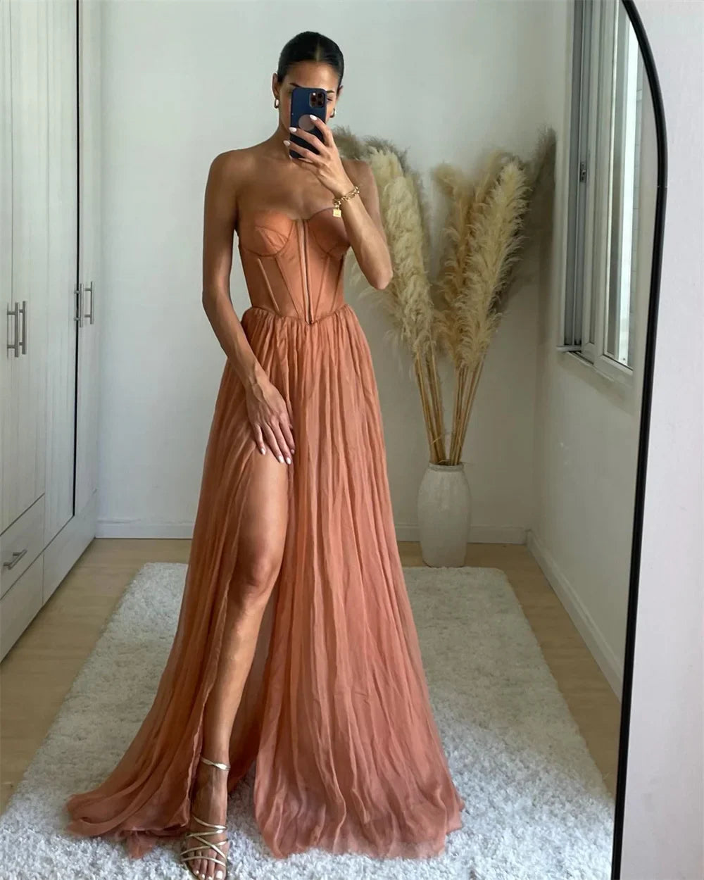 Yellow Chiffon Prom Dresses Strapless Aline Side Split Wedding Dress