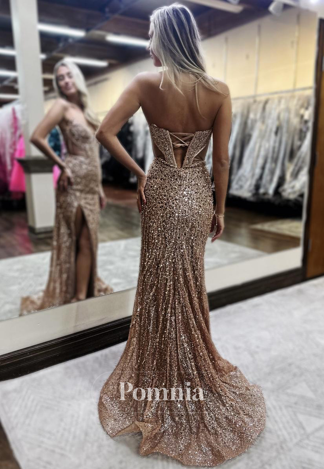 Sparkly Sleeveless Strapless Prom Dress with Slit Sequins Evening Party Dress