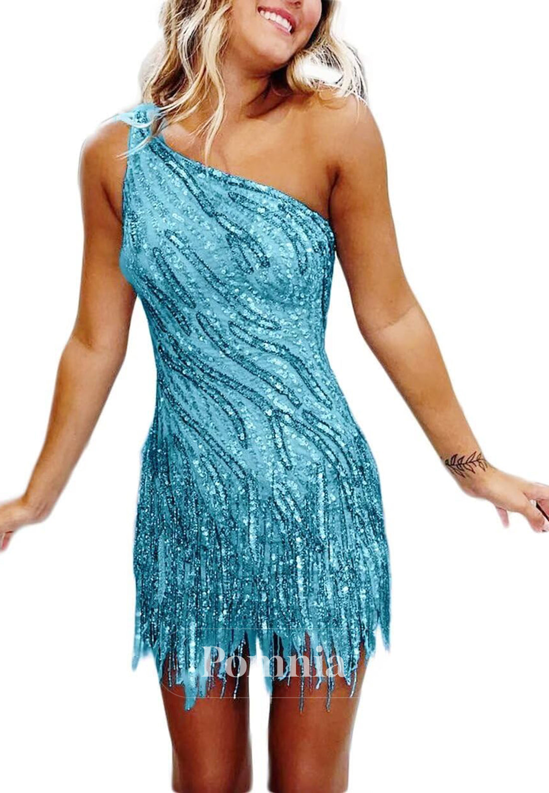 Charming A-Line One Shoulder Sleeveless Sequins Short Homecoming Dress