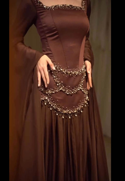 Cabernet Long Sleeves Square Sequins A-Line Prom Dress