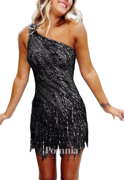 Charming A-Line One Shoulder Sleeveless Sequins Short Homecoming Dress