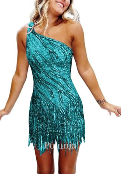Charming A-Line One Shoulder Sleeveless Sequins Short Homecoming Dress