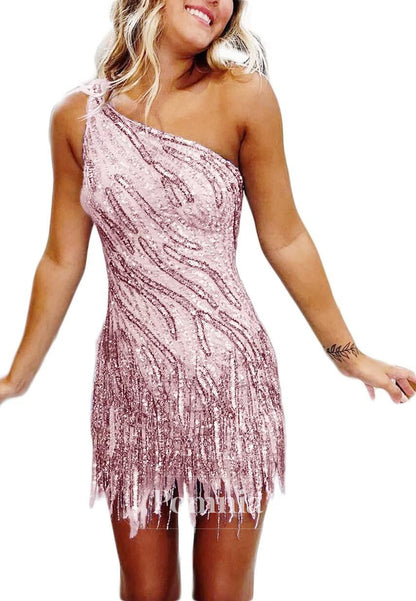 Charming A-Line One Shoulder Sleeveless Sequins Short Homecoming Dress