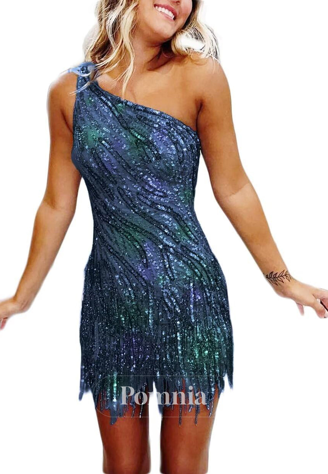 Charming A-Line One Shoulder Sleeveless Sequins Short Homecoming Dress