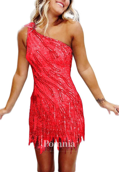 Charming A-Line One Shoulder Sleeveless Sequins Short Homecoming Dress