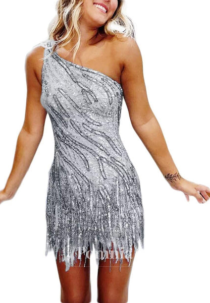 Charming A-Line One Shoulder Sleeveless Sequins Short Homecoming Dress