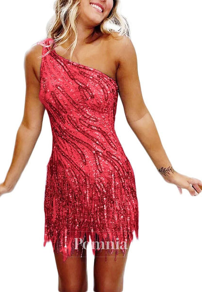 Charming A-Line One Shoulder Sleeveless Sequins Short Homecoming Dress