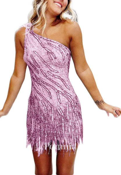 Charming A-Line One Shoulder Sleeveless Sequins Short Homecoming Dress