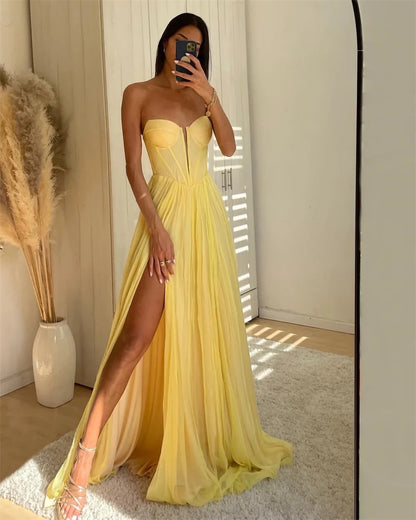 Yellow Chiffon Prom Dresses Strapless Aline Side Split Wedding Dress