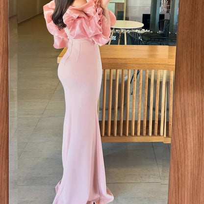 Bella Customized Pink Puff Sleeve Strapless Mermaid robes de soirée Chiffon Side Slit Party Dress