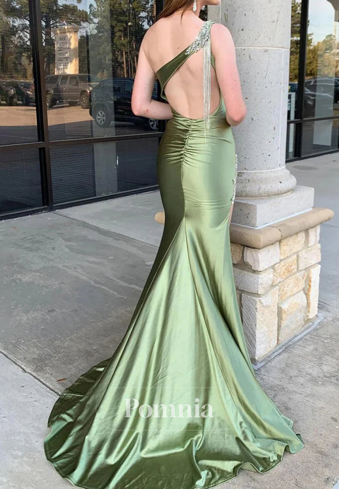 Mermaid One Shoulder Beaded Long Satin Prom Dress with Slit