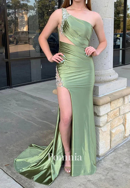 Mermaid One Shoulder Beaded Long Satin Prom Dress with Slit
