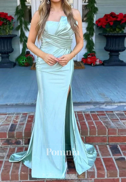 Mermaid Pleats Strapless Long Prom Dress with Slit