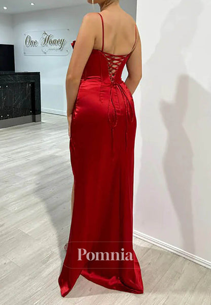 Satin Spaghetti Strap Sexy High Slit Ruched Prom Dress