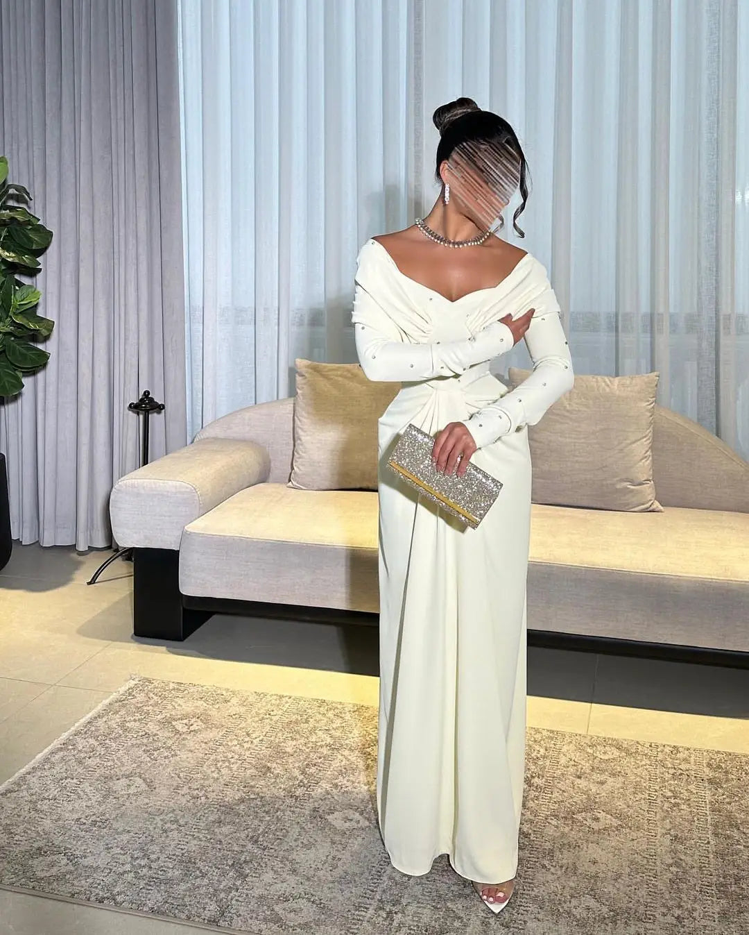 Off Shoulder Sheath Pletas Long Sleeves Formal Evening Dress