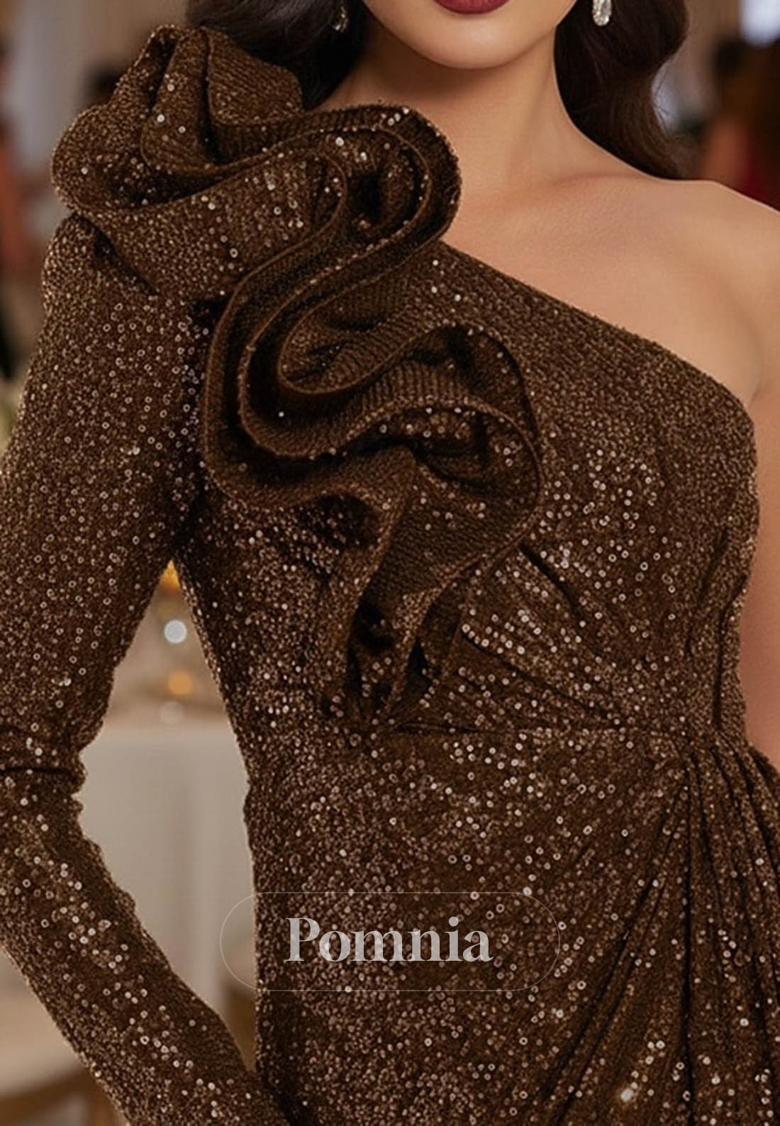 Long Sleeve One Shoulder Sequined with Pleats Slit