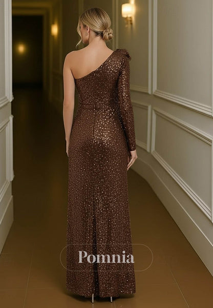 Long Sleeve One Shoulder Sequined with Pleats Slit