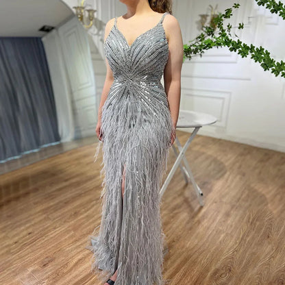 Luxury Classy blue Feathers Beaded Mermaid Prom Dress with Split