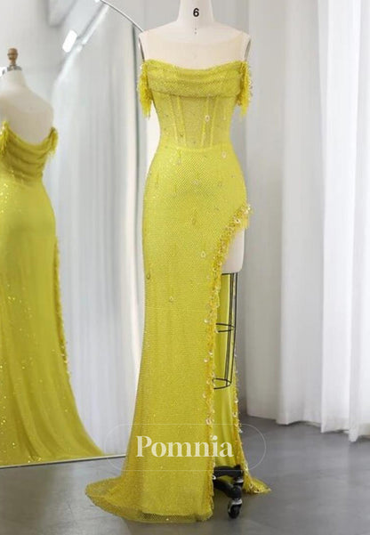 Luxury Crystal Sleeveless Scoop High Slit Sequins Evening Dress