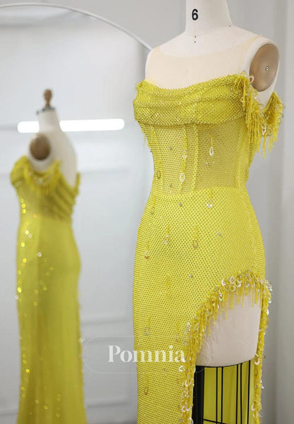 Luxury Crystal Sleeveless Scoop High Slit Sequins Evening Dress