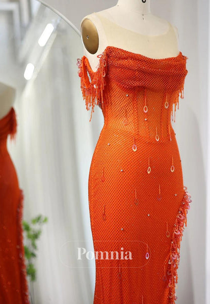 Luxury Crystal Sleeveless Scoop High Slit Sequins Evening Dress